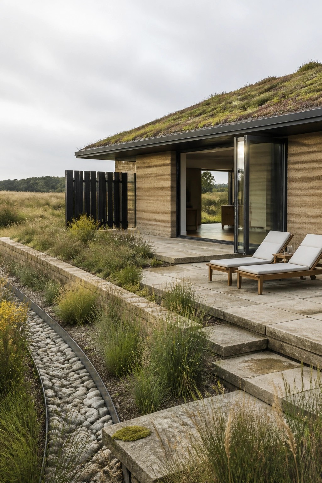 A modern single-story home with horizontal rammed earth walls, a green roof, large open glass doors, and two lounge chairs on a stone patio beside a landscaped garden with gravel and stone edging.