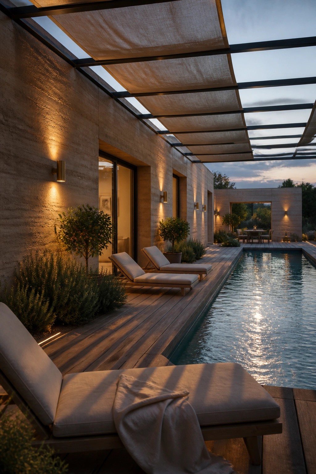 A wooden deck with lounge chairs next to a swimming pool, bordered by rammed earth walls and covered by fabric shade panels.