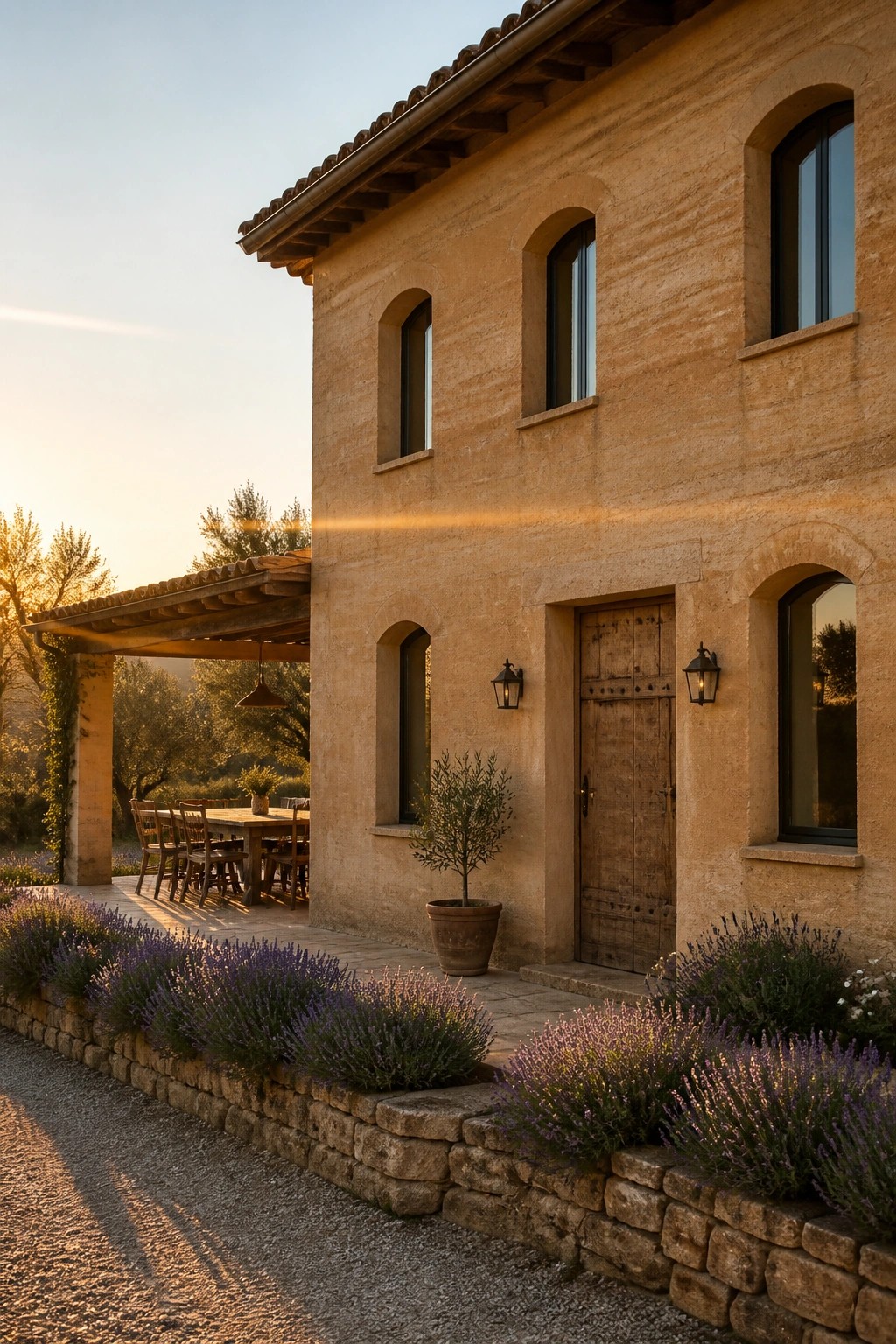 A two-story rammed earth house with arched windows, a wooden front door, and lavender beds along a low stone wall.