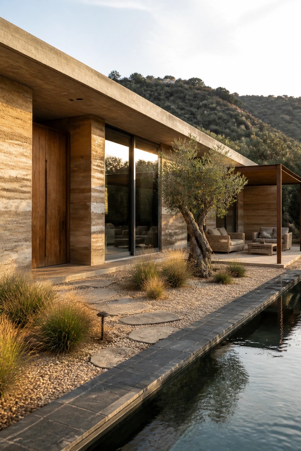 Modern concrete villa with glass windows, olive tree, patio, and long pool