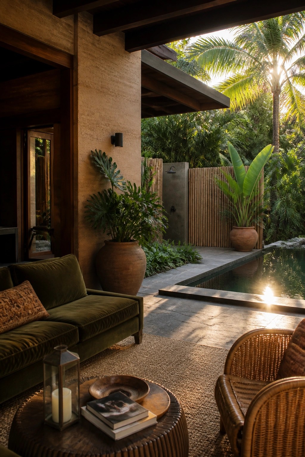 An outdoor patio with a rammed earth wall, green sofa, wicker chairs, wooden coffee table, large potted plants, and a swimming pool.