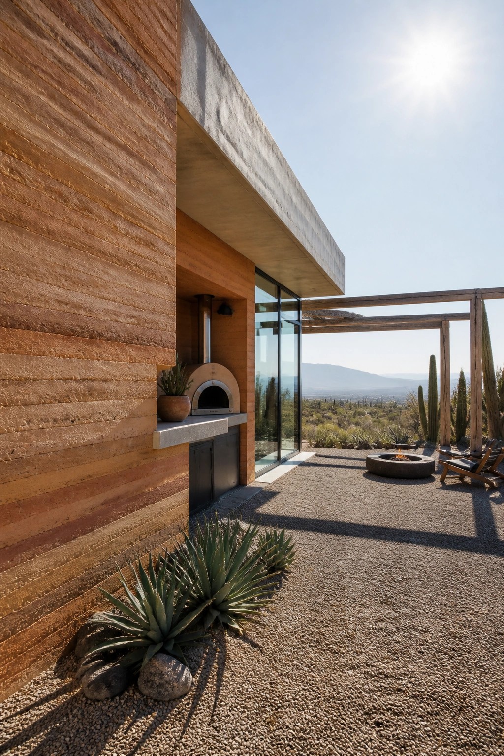 A modern home exterior featuring a tall rammed earth wall, a built-in pizza oven under a concrete overhang, and an open gravel patio with a fire pit and desert plants.