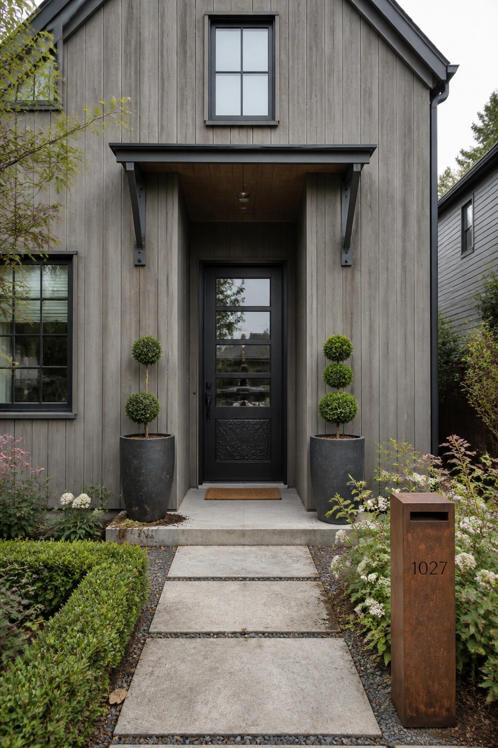 Front view of a gray wood siding house with a black front door, small overhang, and two large potted shrubs beside the entry.