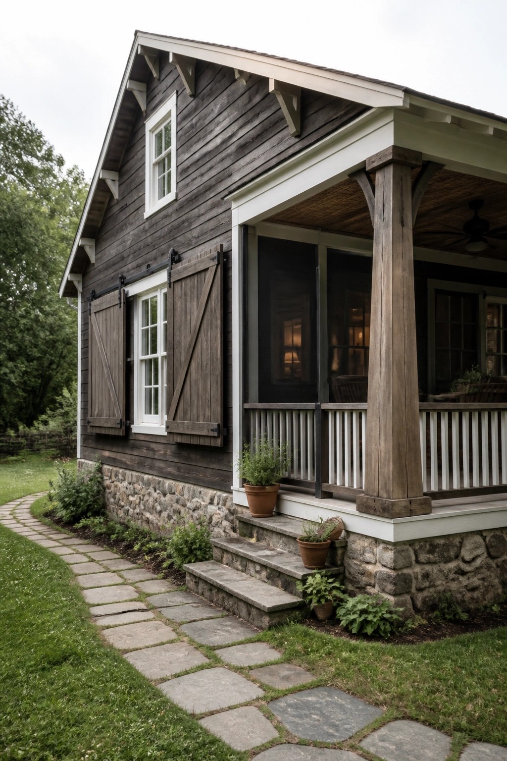 A dark wood sided house exterior featuring white trim, barn door style shutters, a stone foundation, and an attached wooden porch.