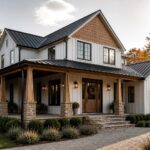 A two-story farmhouse exterior featuring white board-and-batten siding, a wood-clad gable, stone porch column bases, a covered entry porch, and a gravel driveway.