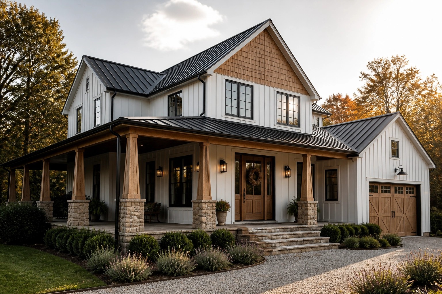 A two-story farmhouse exterior featuring white board-and-batten siding, a wood-clad gable, stone porch column bases, a covered entry porch, and a gravel driveway.