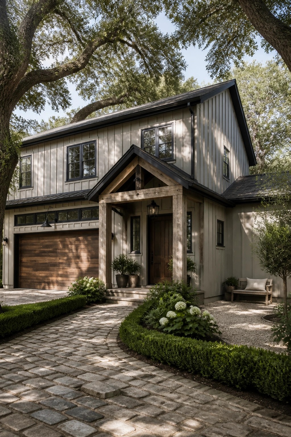 A two-story farmhouse exterior with light gray vertical siding, a prominent wooden gabled entry porch, a brown garage door, and a cobblestone driveway bordered by shrubs.