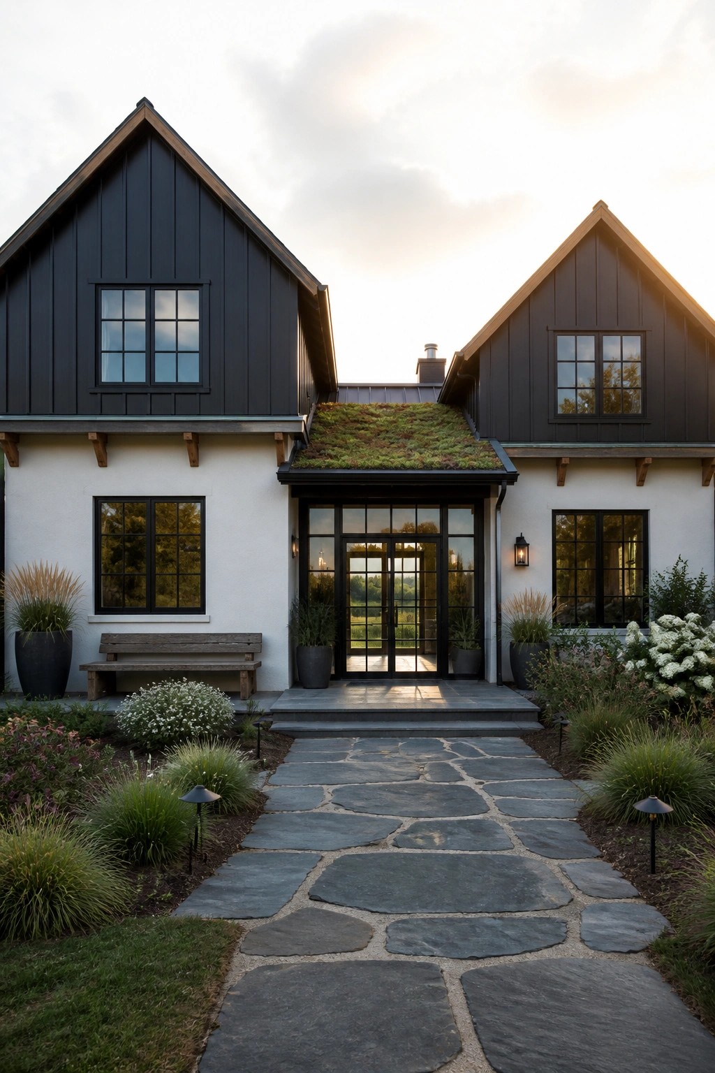 Modern house with black gables, white walls, green roof, stone path, and glass doors.