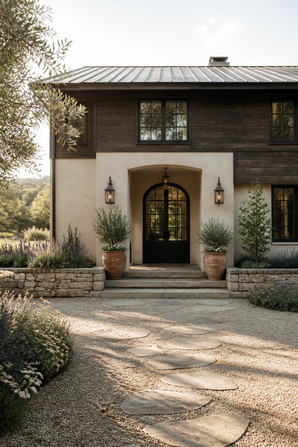 Front view of a two-story farmhouse exterior with dark wood siding, a metal roof, and a recessed arched entry framed in light stucco, flanked by wall lanterns and large terracotta pots.