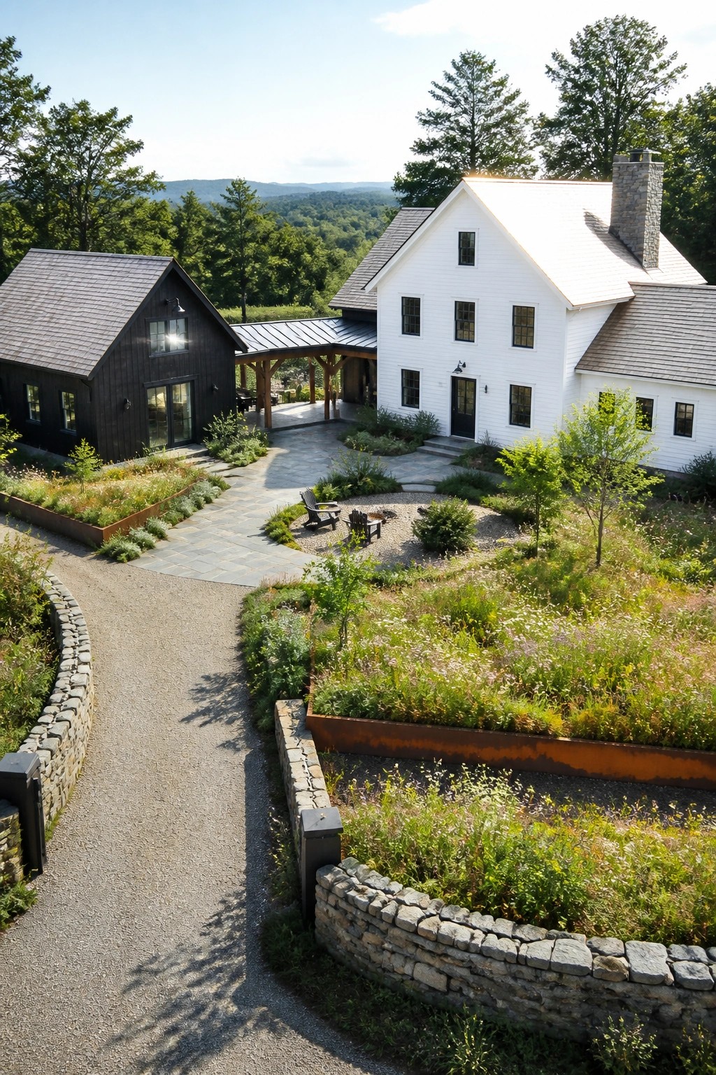 A white farmhouse with a dark wooden structure connected by a covered walkway, set among stone walls, gravel paths, and raised garden beds.