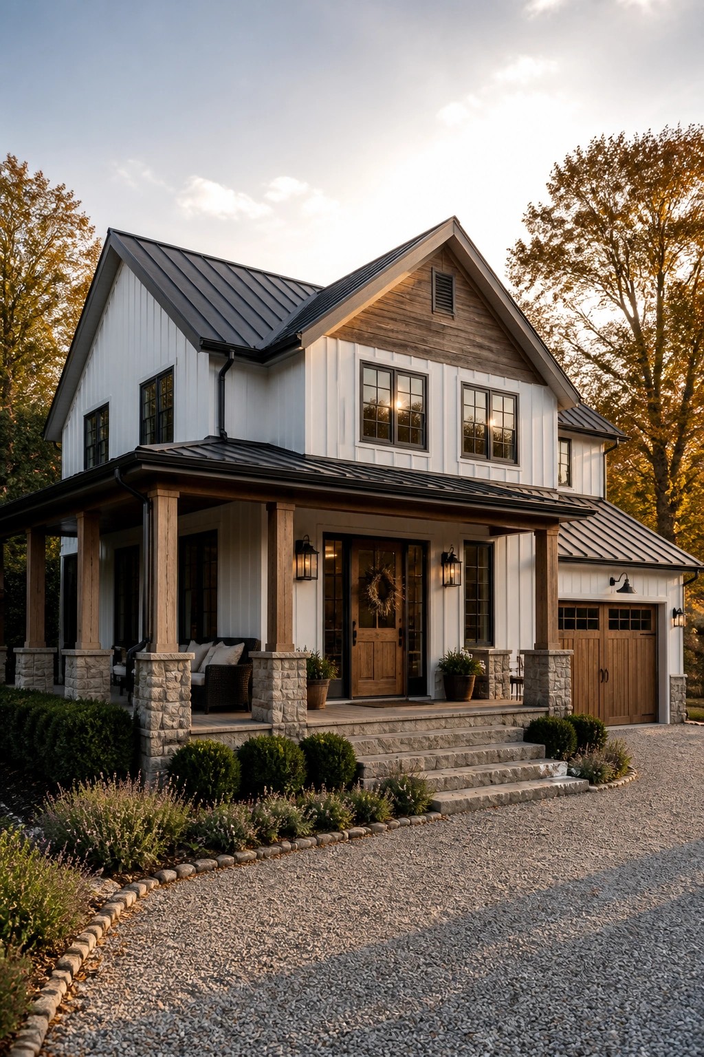 A two-story farmhouse exterior featuring white board-and-batten siding, a wood-clad gable, stone porch column bases, a covered entry porch, and a gravel driveway.