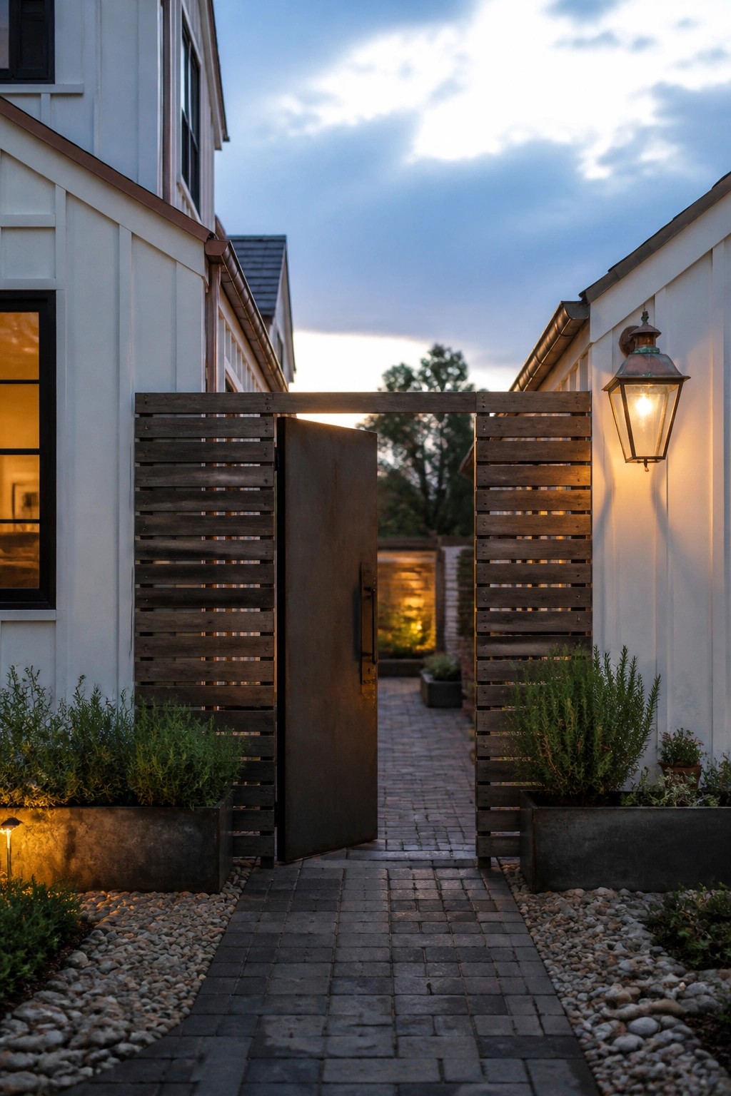 Open wooden gate with metal door on brick path between white houses at dusk.
