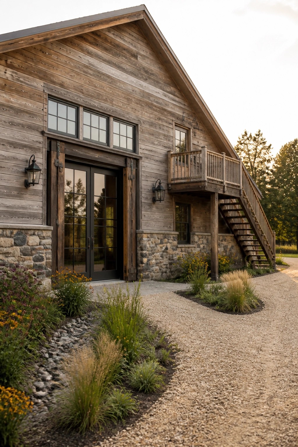 A side view of a wooden house with a stone foundation, black-framed glass doors, upper windows, and an external wooden staircase leading to a balcony.