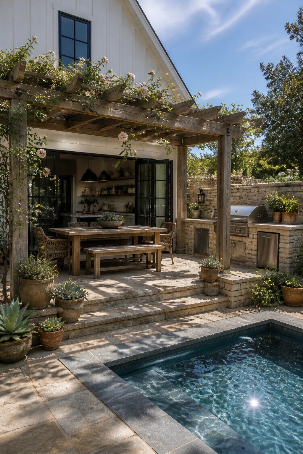 Sunny backyard with pool, wooden pergola, stone kitchen, and outdoor dining area.