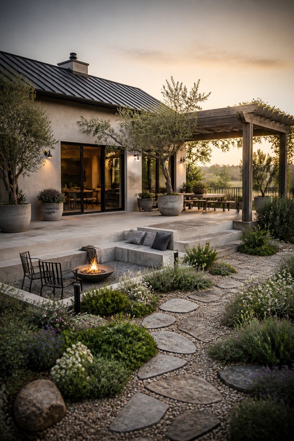 Modern home patio with fire pit, pergola, and stone garden path at dusk