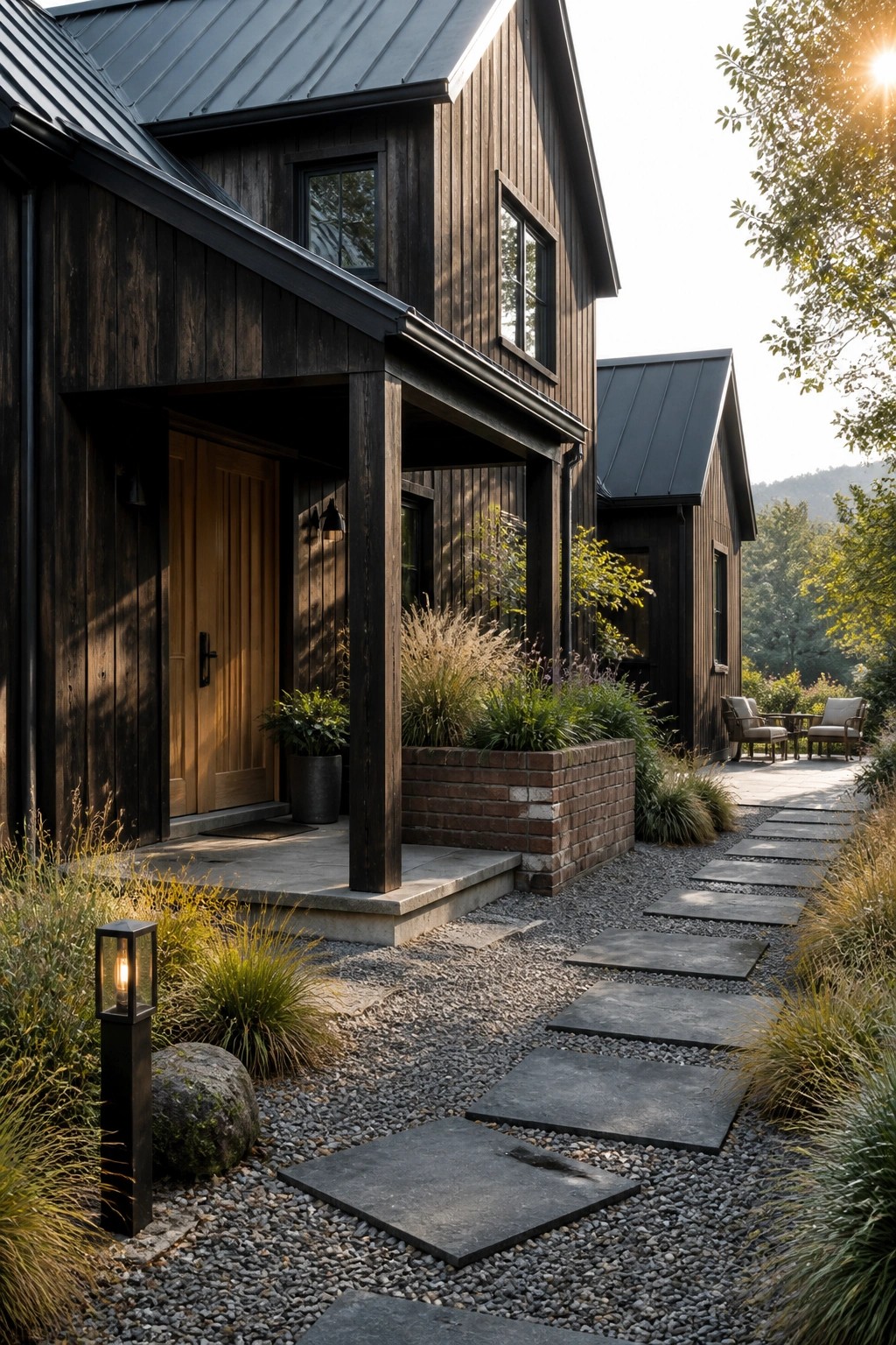 A dark wooden farmhouse exterior with a black metal roof, a light wood front door, and a stone path leading through gravel to the covered entry.