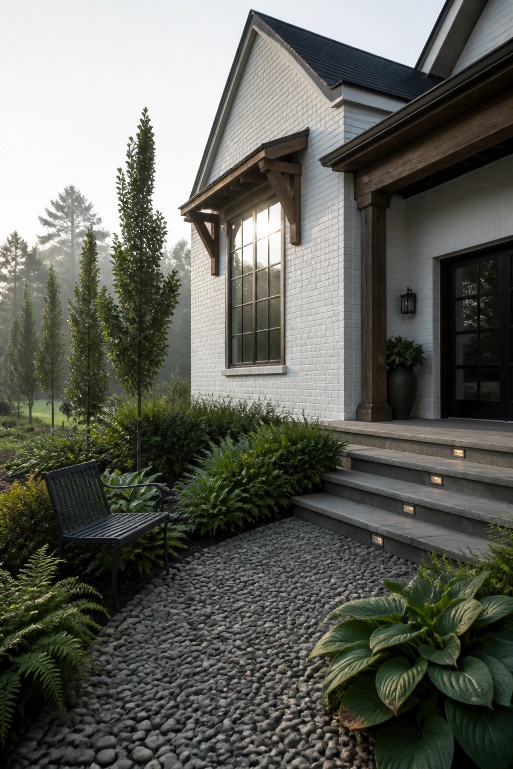 A white brick house exterior with dark wood window trim, wooden brackets, black-framed door, stone steps, and a gravel path bordered by green plants.