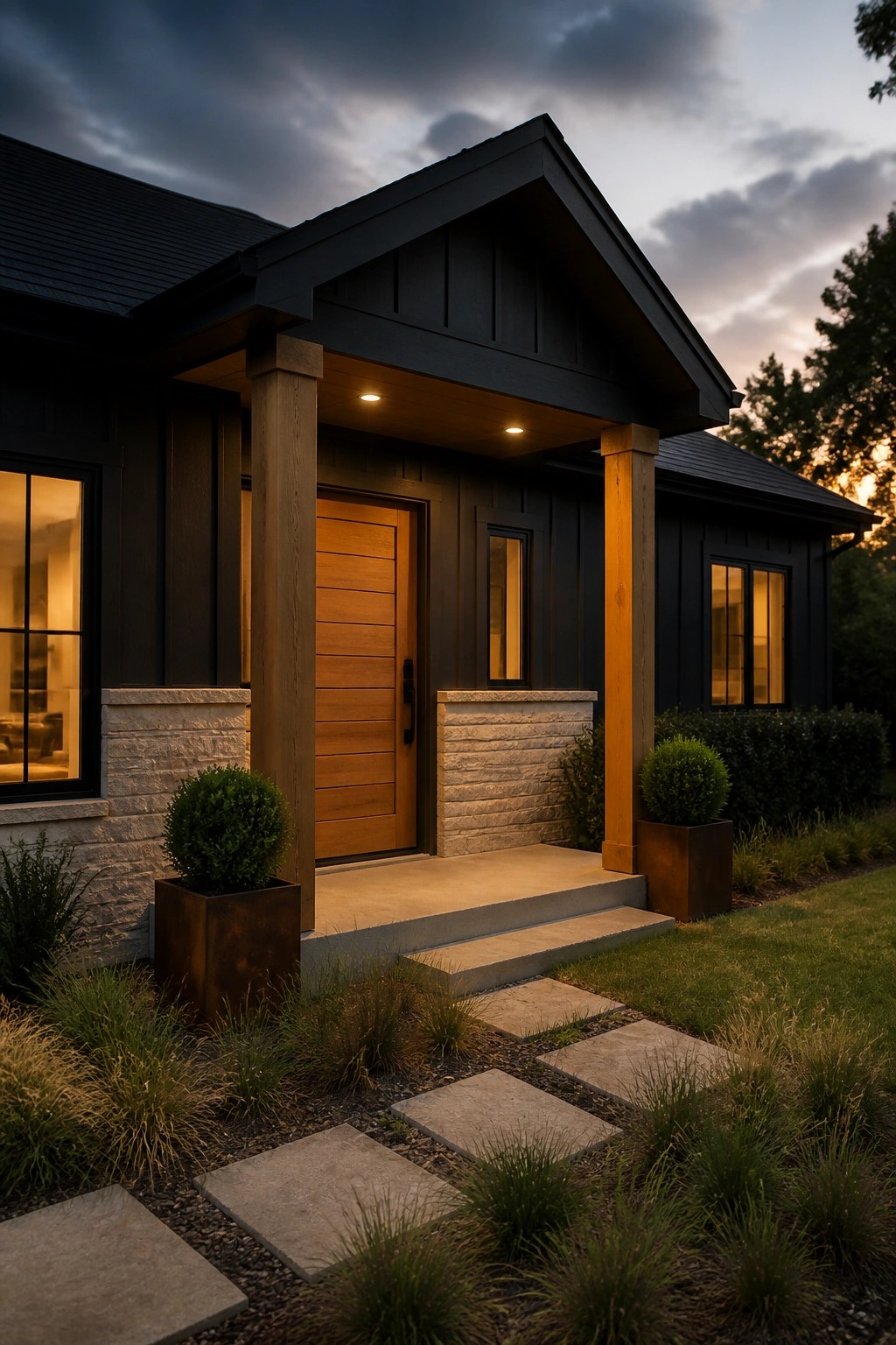 Front view of a modern farmhouse at dusk showing black siding, a wooden entry door, wooden porch posts, stone bases, and a covered gable porch.