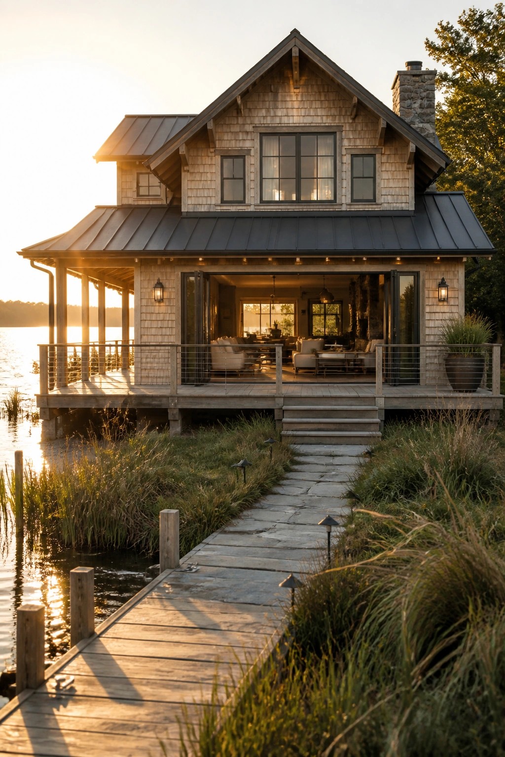 A two-story wood shingle house with a dark metal roof and large glass doors opening to a deck over the water.