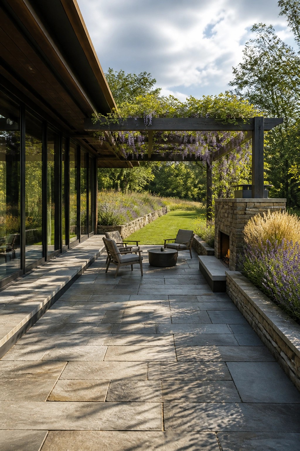 A wide stone patio extends from a modern house with large windows, featuring a wooden pergola draped in purple wisteria, outdoor chairs around a round fire pit, and a stone fireplace on the right side.