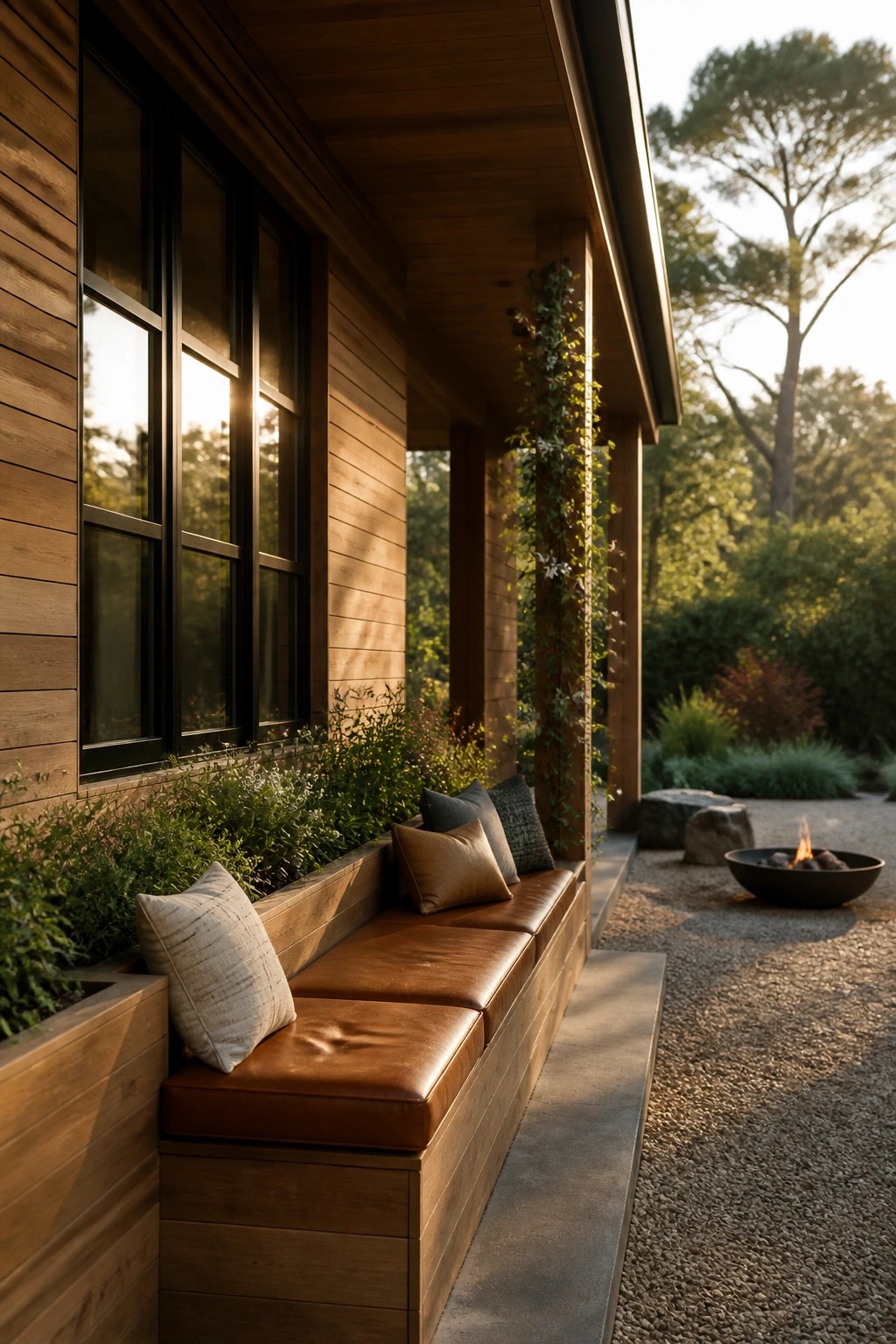 A long brown leather bench built into the wooden exterior of a house beside a gravel patio with a fire pit.