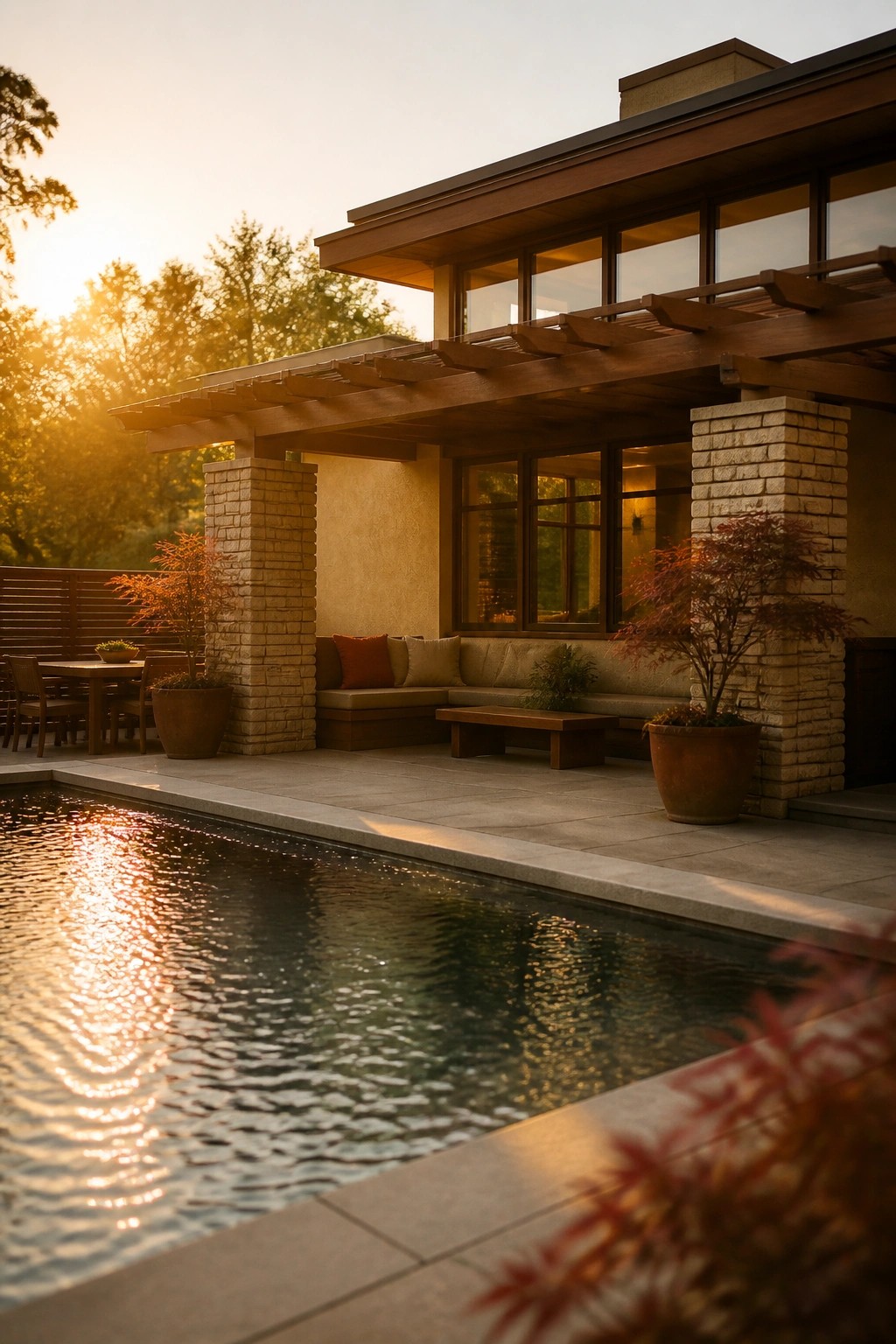 A house exterior with a covered patio showing built-in seating between stone pillars under a wooden pergola, next to a swimming pool.