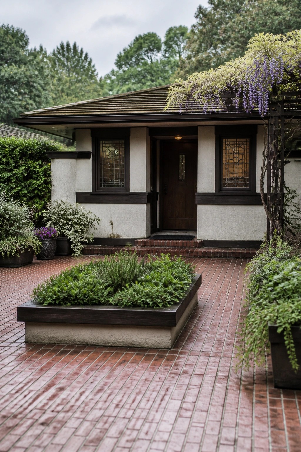 Wet brick patio with central planter before bungalow entrance and blooming wisteria trellis