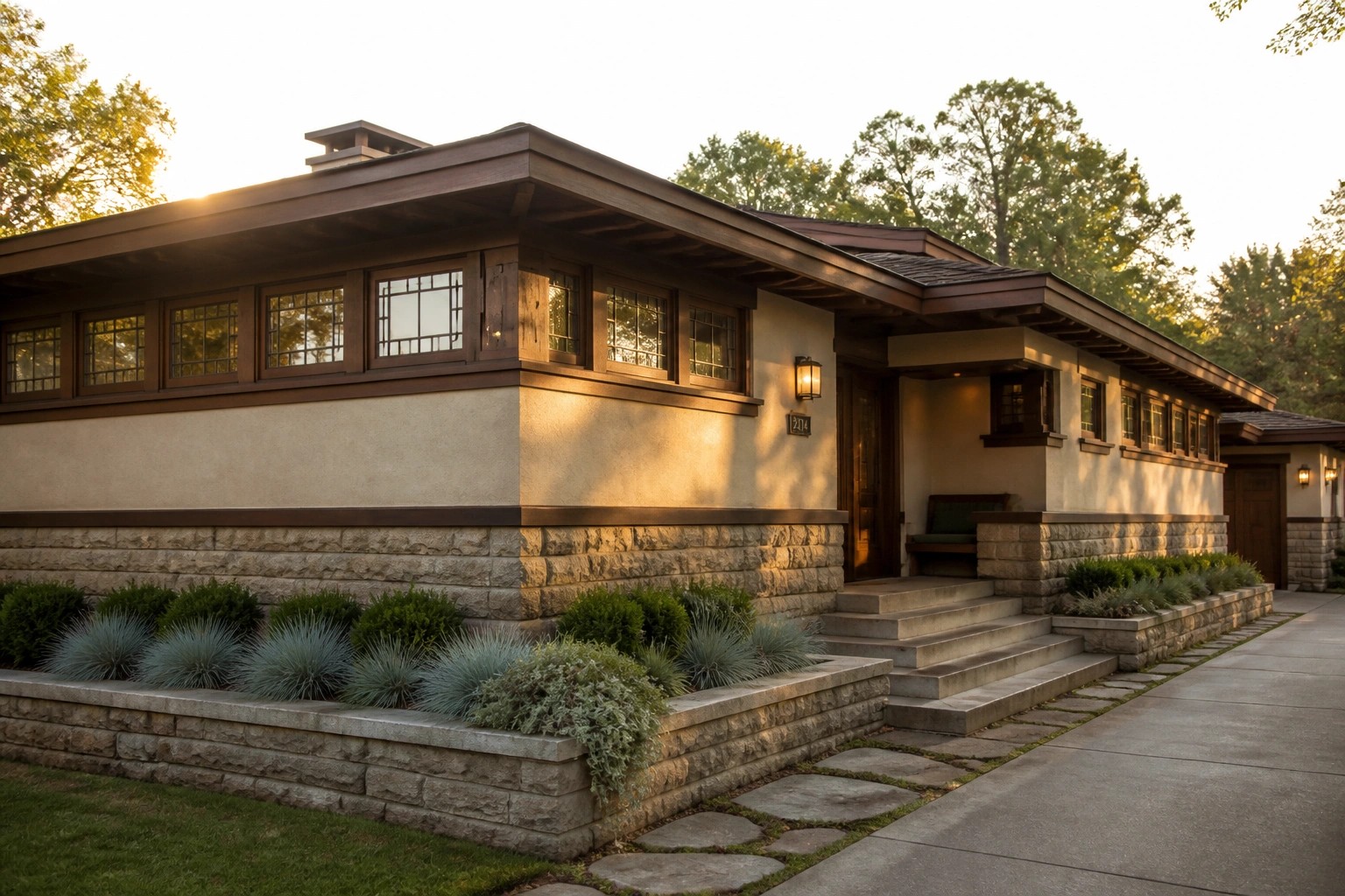 A prairie style house exterior featuring horizontal windows, dark wood trim, stucco walls, and layered stone retaining walls with shrubs and ornamental grasses beside a stone pathway.