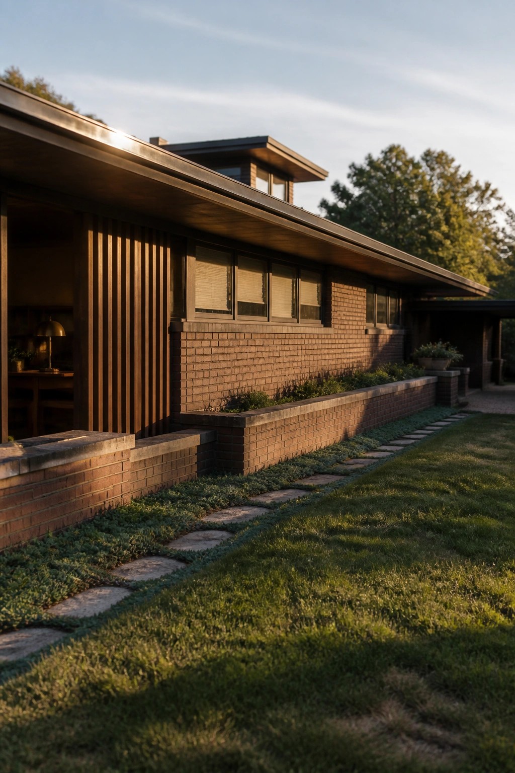 Modern brick house with flat roof, windows, and stone path on green lawn at sunset