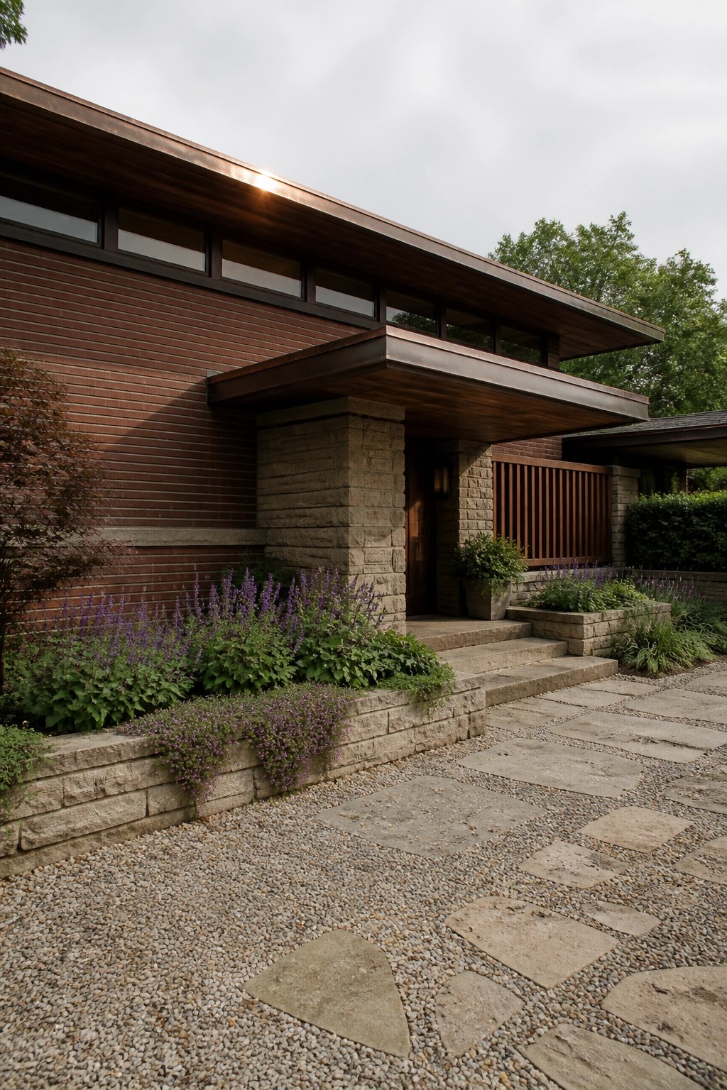 A Prairie style house exterior with a wide overhanging roof, brick walls, and a stone entry supported by large pillars.