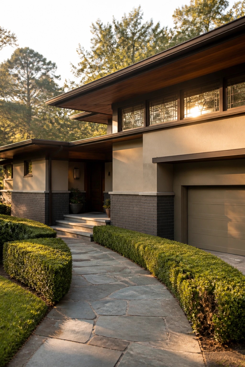 Modern house with flagstone path, trimmed hedges, and garage at sunset