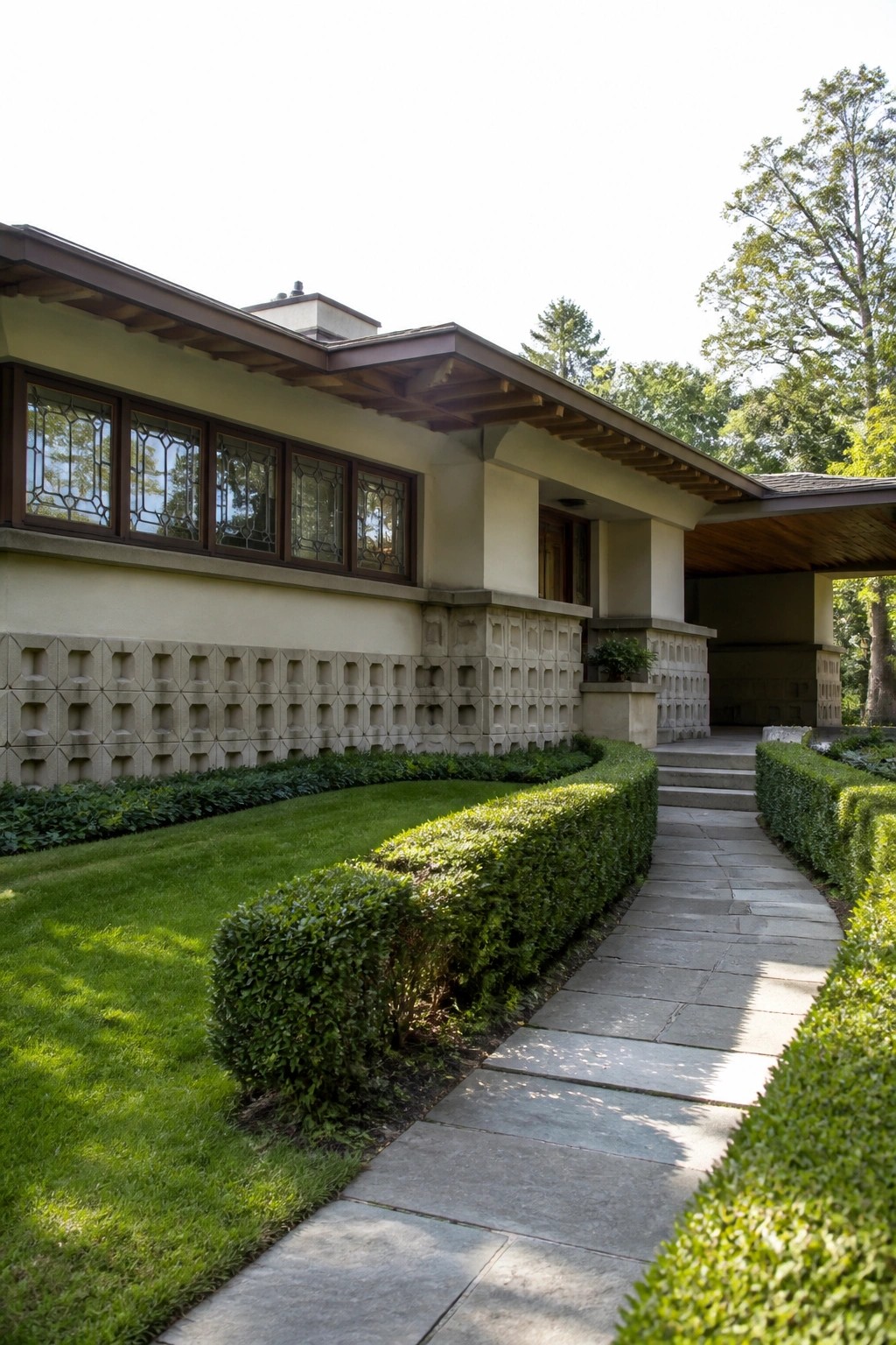 Side view of a Prairie style house showing a long row of leaded windows under a deep overhanging roof, a stone base, and a stone walkway lined with trimmed hedges.