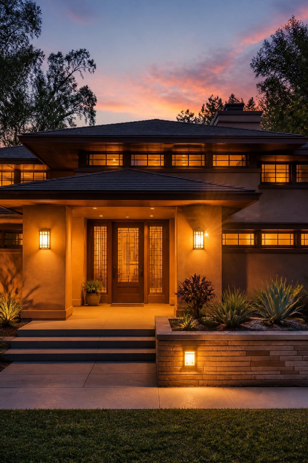 Front view of a Prairie style house at dusk with a low horizontal roof, wide overhangs, and warm lights flanking the central entry doors.