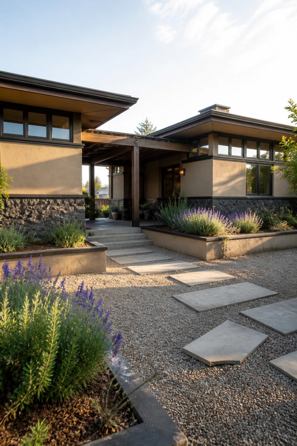 A prairie style house exterior with a gravel surface and irregular concrete stepping stones leading toward the front entrance, bordered by raised planting beds with lavender and shrubs.