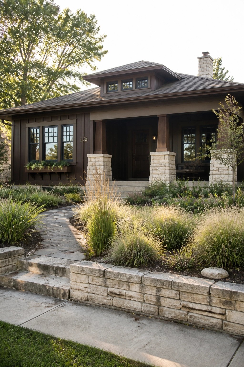 Craftsman house with dark wood siding, stone porch pillars, and curved garden path
