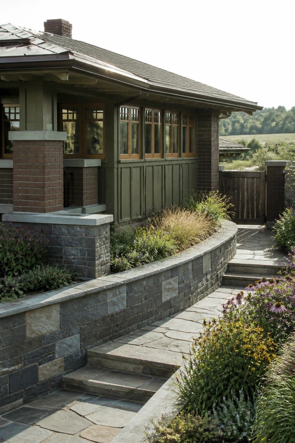 A Prairie style house exterior with green siding, wood windows, brick chimney, and stone retaining walls that terrace down to a stone pathway and garden beds.