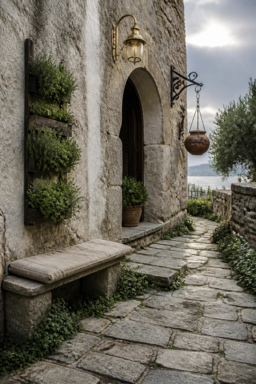 A stone building with an arched wooden door has a cushioned bench on stone supports, vertical wall planters, and a cobblestone path leading past a hanging pot.