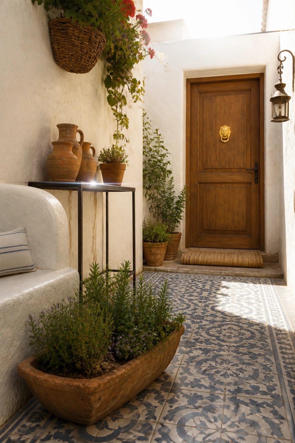 A small outdoor entry with a wooden door, blue and white patterned tile floor, terracotta pots with plants, a white bench, and a hanging basket on a white wall.