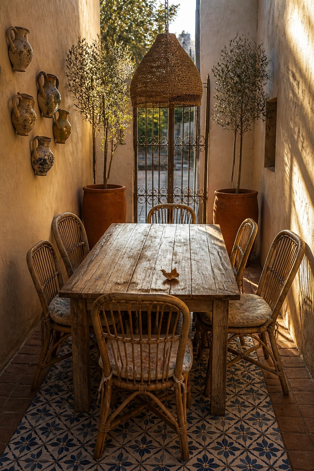 Rustic wooden table with wicker chairs in sunlit courtyard with terracotta pots and pottery