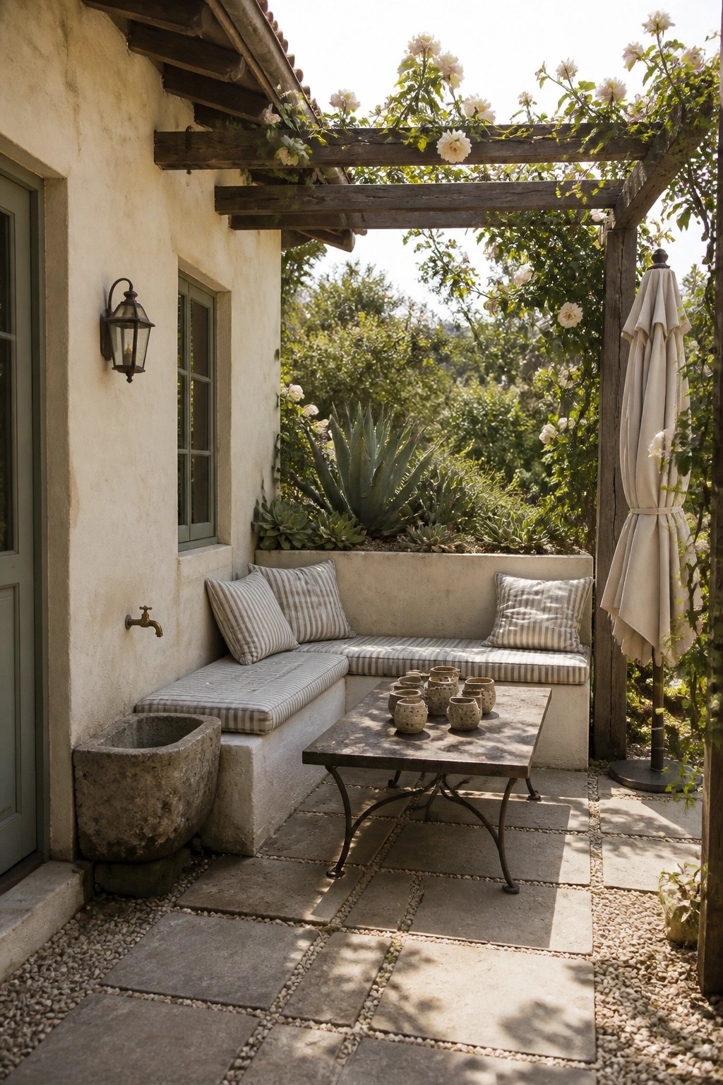 A small patio with an L-shaped built-in bench, striped cushions, a stone table, and a wooden pergola with climbing roses beside a stucco house.