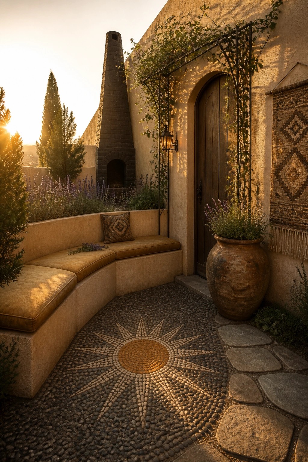 A small outdoor patio corner with a curved built-in bench, pebble mosaic floor with a sun pattern, and a wooden door beside a large clay pot.