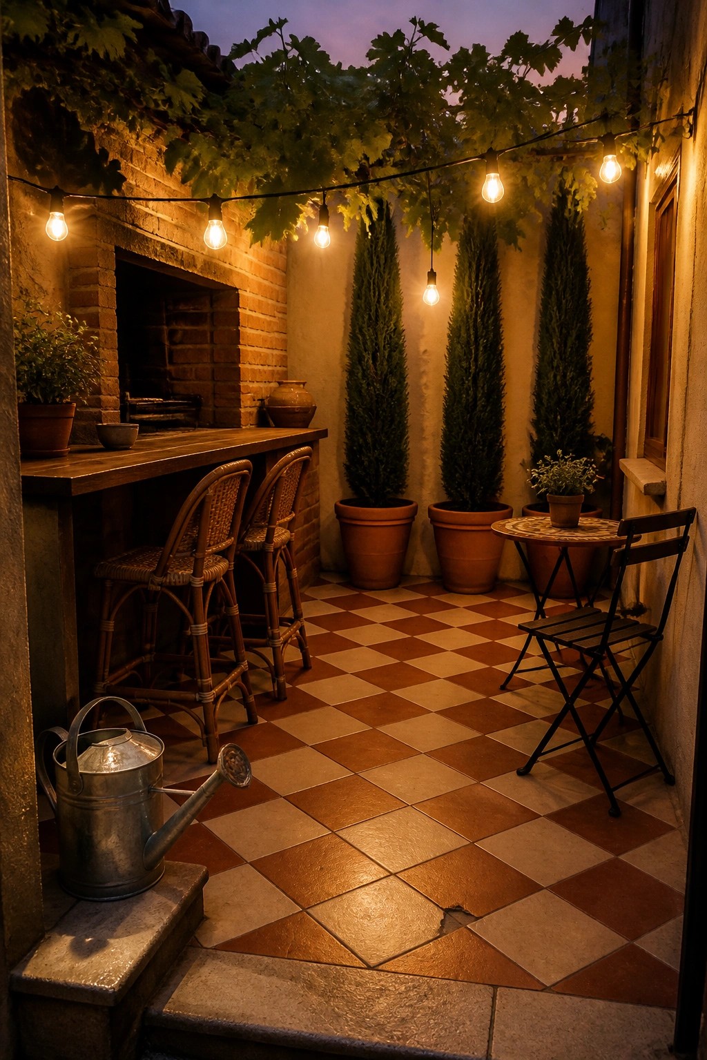 A small outdoor patio features a wooden bar counter with two wicker bar stools, terracotta pots with tall plants, string lights overhead, and a red and beige checkered tile floor.