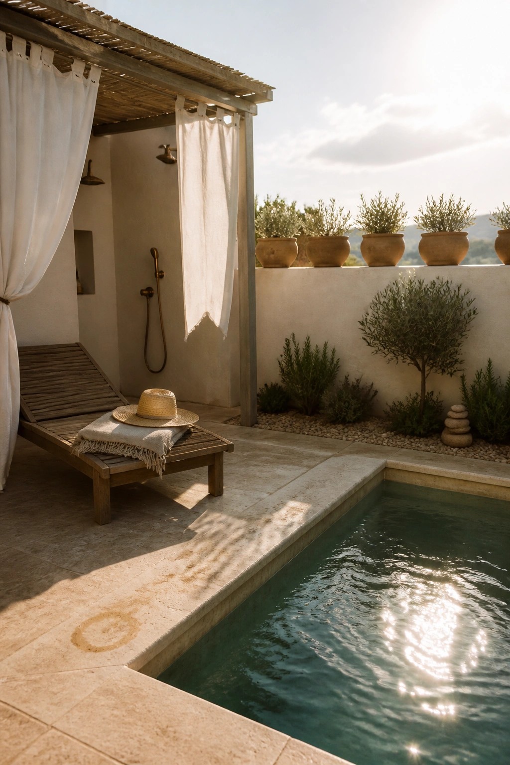 Sunny terrace with pool, wooden lounger holding straw hat, potted plants, white curtains
