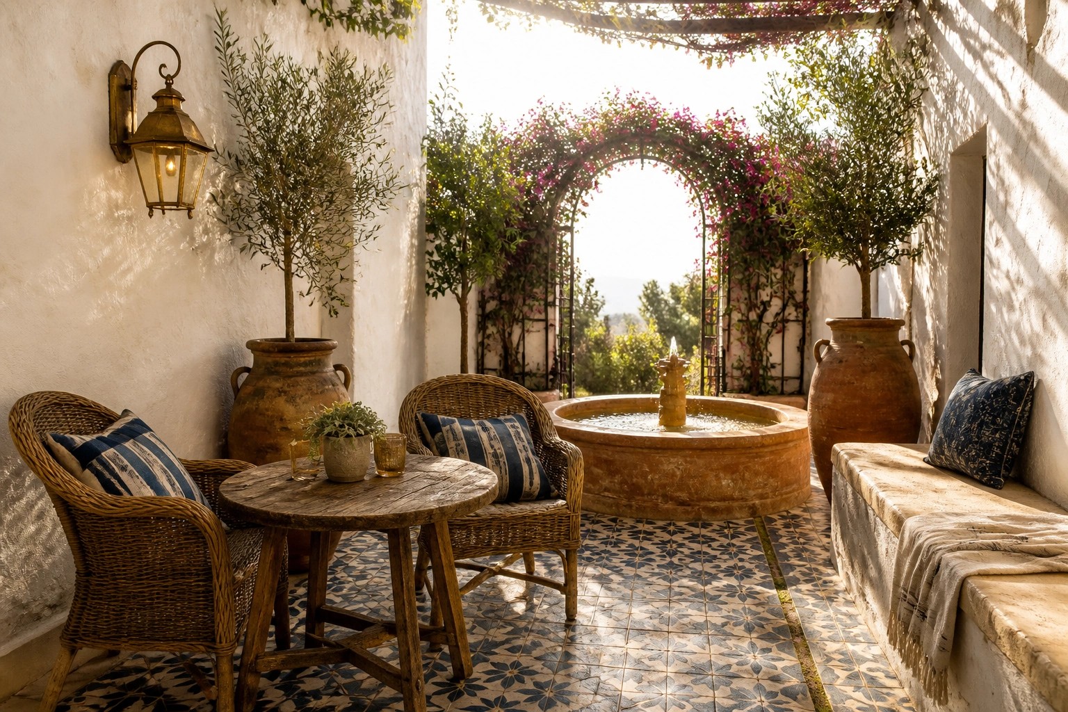 A narrow Mediterranean courtyard with a round stone fountain in the center, wicker chairs on patterned tile, large terracotta pots, and bougainvillea climbing over an arch.