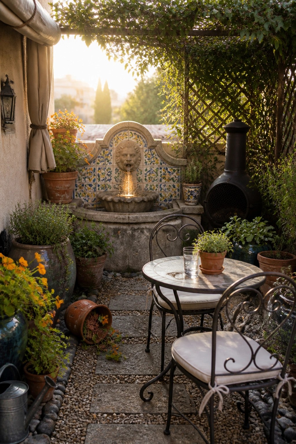 A small Mediterranean-style patio with a round bistro table and two metal chairs beside a stone lion-head fountain, surrounded by terracotta pots and gravel paths.