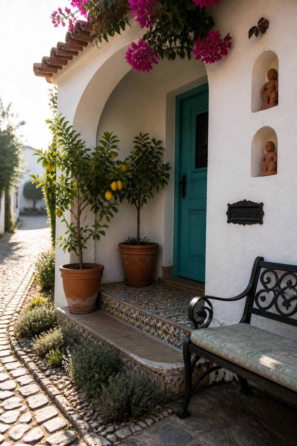 Teal door entrance with potted lemon trees, pink blooms, and black bench.