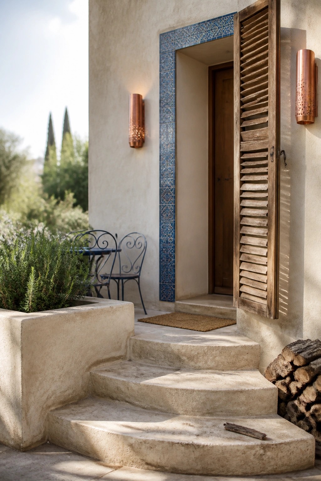 Stone steps lead up to an open doorway framed by blue patterned ceramic tiles, with wooden shutters propped open and copper sconces mounted on the wall.