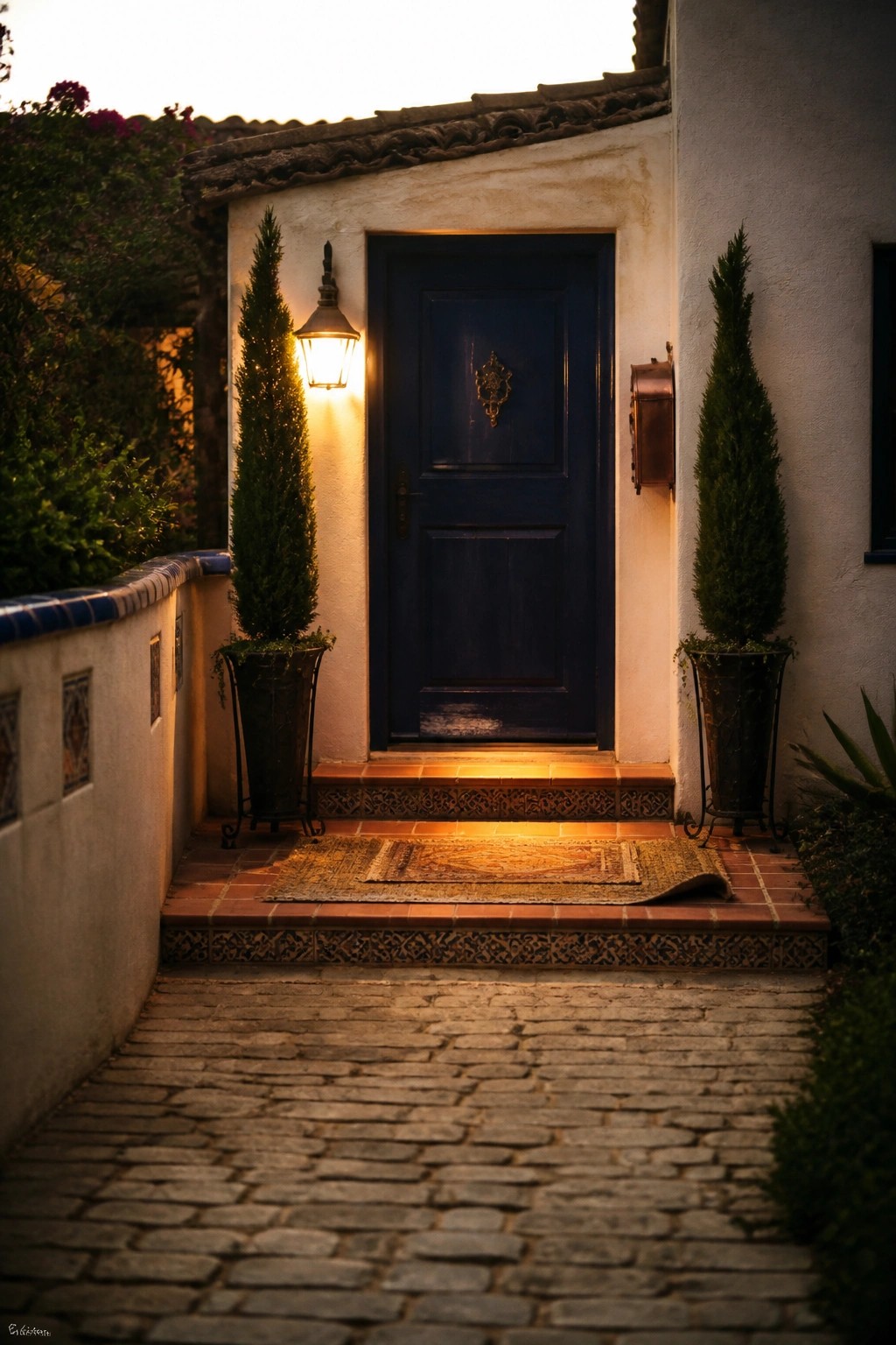 Blue door with glowing lantern, flanked by potted cypress trees on tiled steps