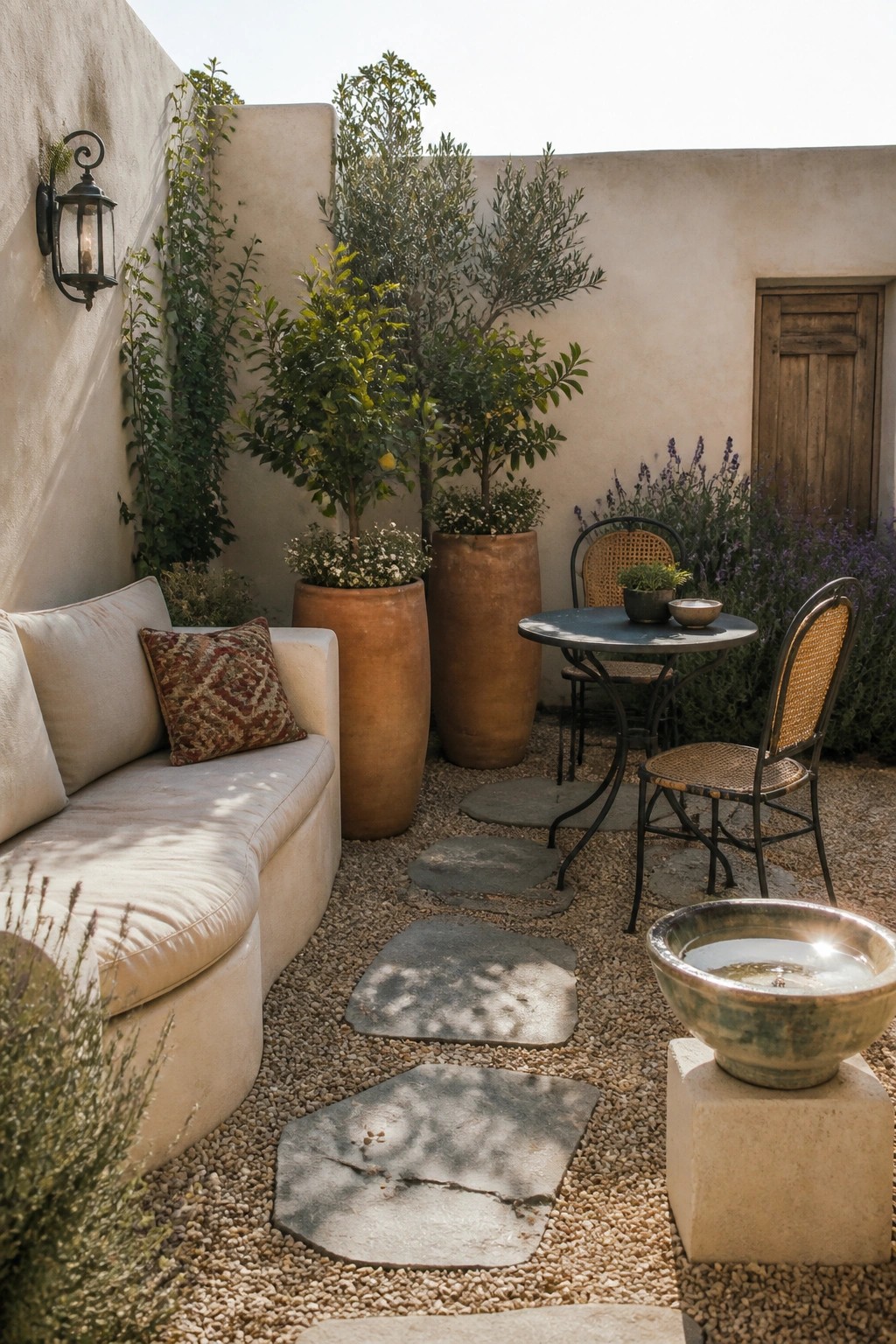 Rustic courtyard with cream sofa, terracotta planters, bistro table, and stone path