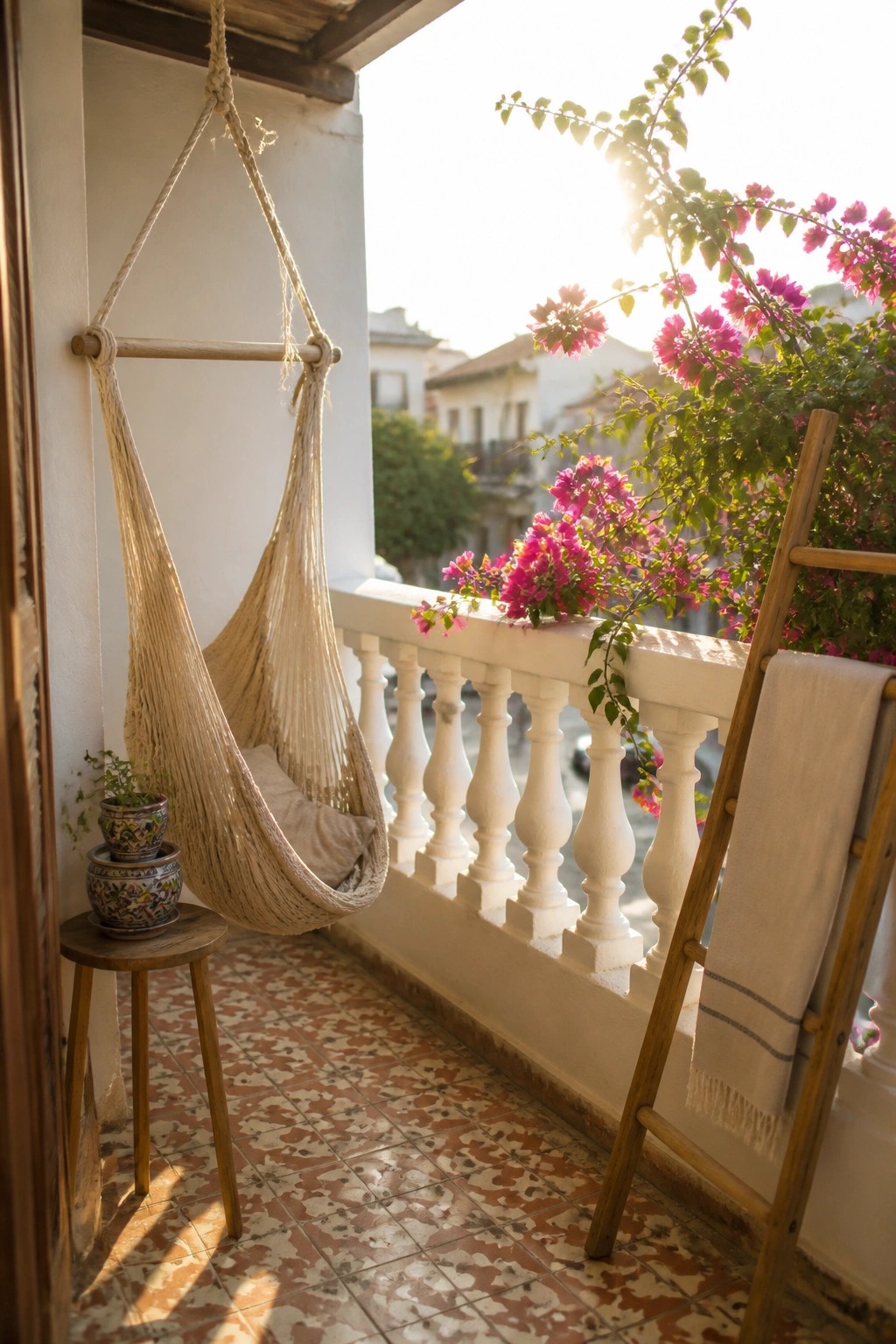 A woven hammock chair hangs from the ceiling of a sunny balcony with white railings, pink bougainvillea, and patterned tile flooring.